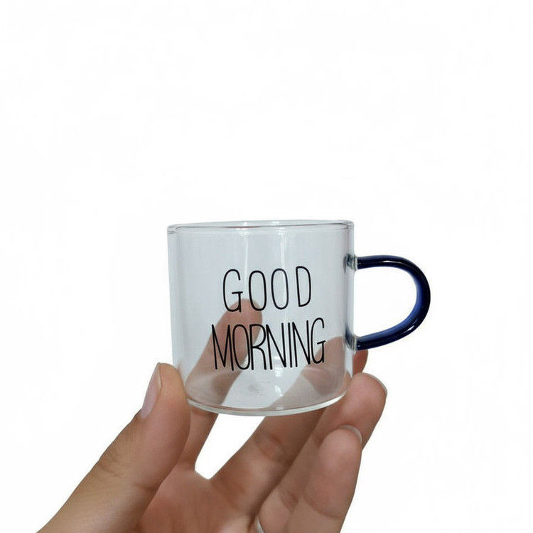 فنجان مدل شات قهوه پیرکس دسته رنگی طرح GOOD MORNING بزرگ