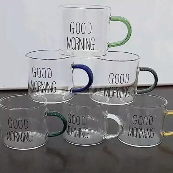 فنجان مدل شات قهوه پیرکس دسته رنگی طرح GOOD MORNING بزرگ