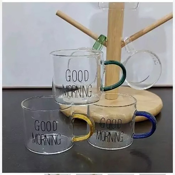 فنجان مدل شات قهوه پیرکس دسته رنگی طرح GOOD MORNING بزرگ