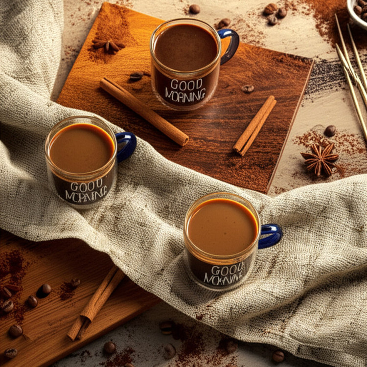 فنجان مدل شات قهوه پیرکس دسته رنگی طرح GOOD MORNING بزرگ
