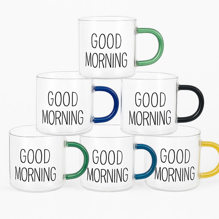 فنجان مدل شات قهوه پیرکس دسته رنگی طرح GOOD MORNING کوچک