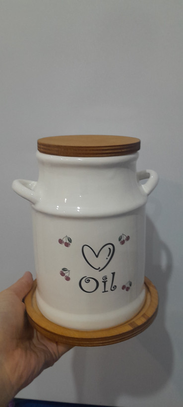 بانکه روغن سرامیکی با زیره و درب چوبی طرح آلبالو